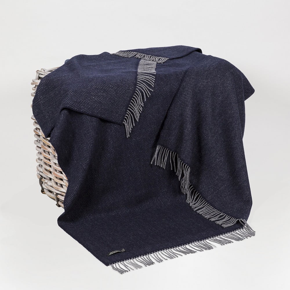 Merino Wool Cashmere Throw Dark Navy Herringbone