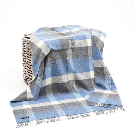 Merino Wool Cashmere Throw Denim Cream & Pale Grey Check