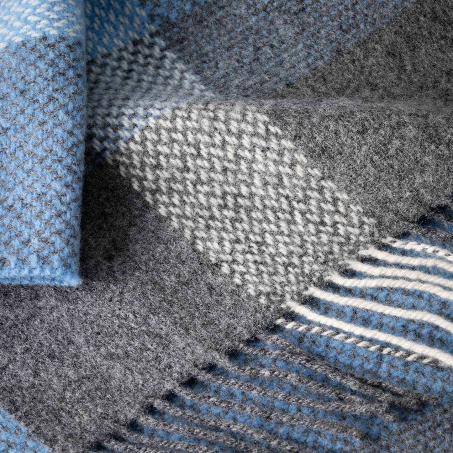 Merino Wool Cashmere Throw Denim Cream & Pale Grey Check