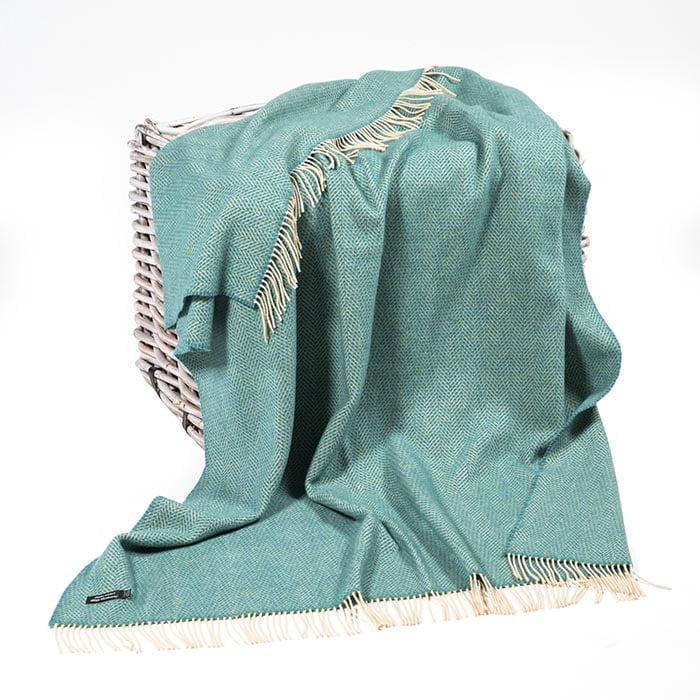 Merino Wool Cashmere Throw Green Aqua Herringbone