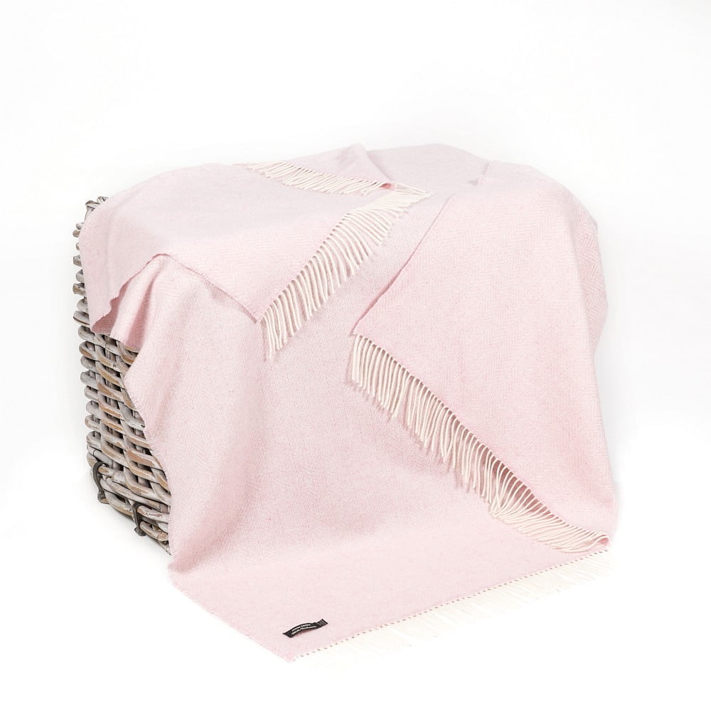 Merino Wool Cashmere Throw Baby Pink Herringbone