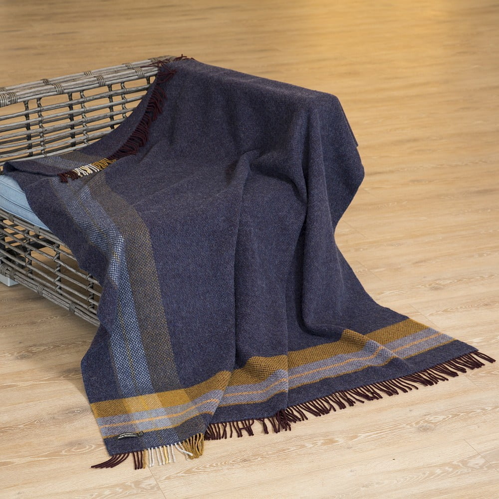 Merino Wool Cashmere Throw Navy & Mustard Asymmetrical