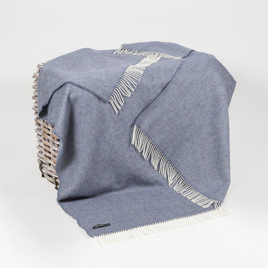 Merino Wool Cashmere Throw Denim Cream Herringbone