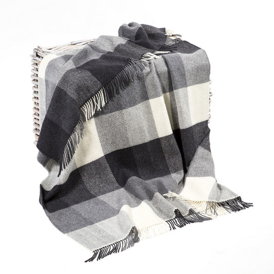 Merino Wool Cashmere Throw White Grey Herringbone Block Check