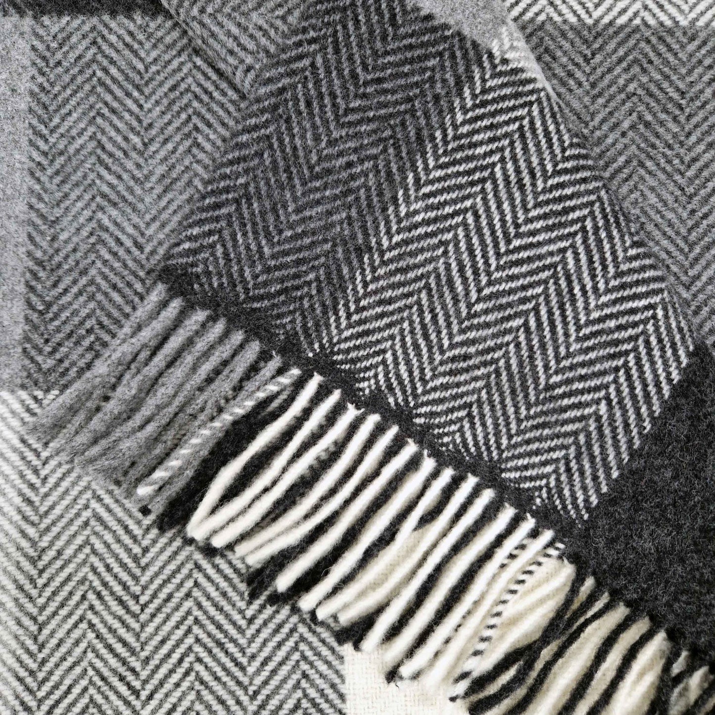 Merino Wool Cashmere Throw White Grey Herringbone Block Check