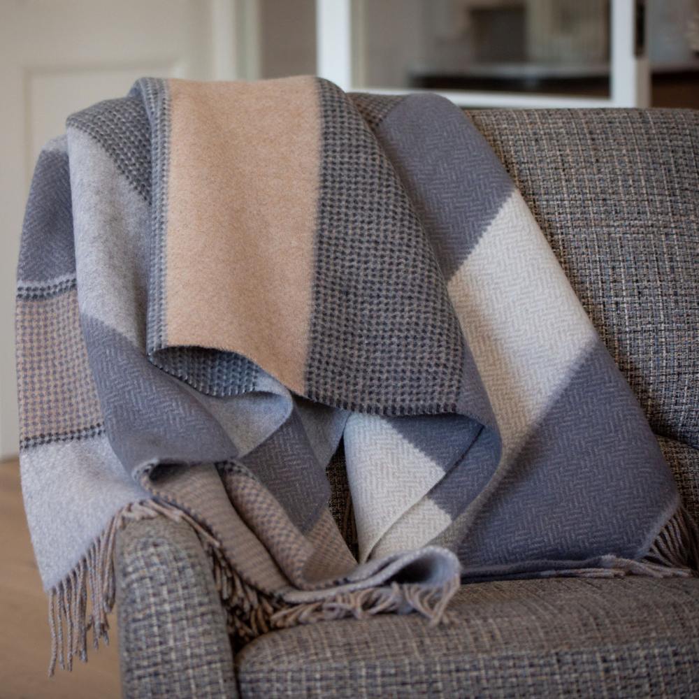 Merino Wool Cashmere Throw Grey Stone Beige Stripe