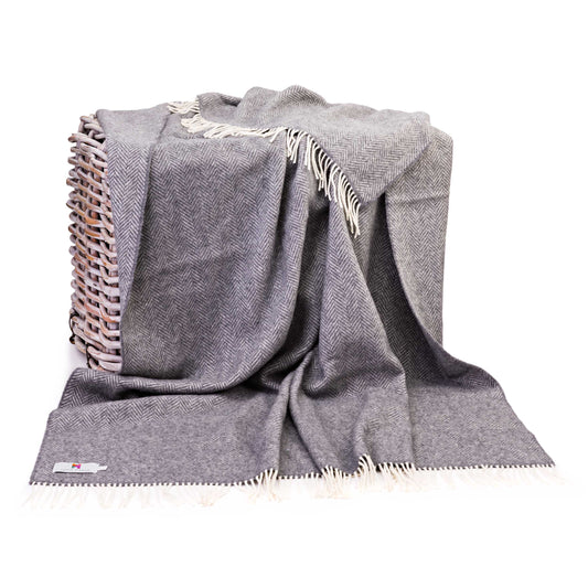 Merino Wool Cashmere Throw Grey Herringbone