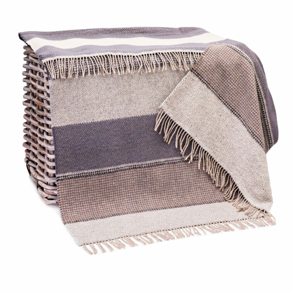 Merino Wool Cashmere Throw Grey Stone Beige Stripe