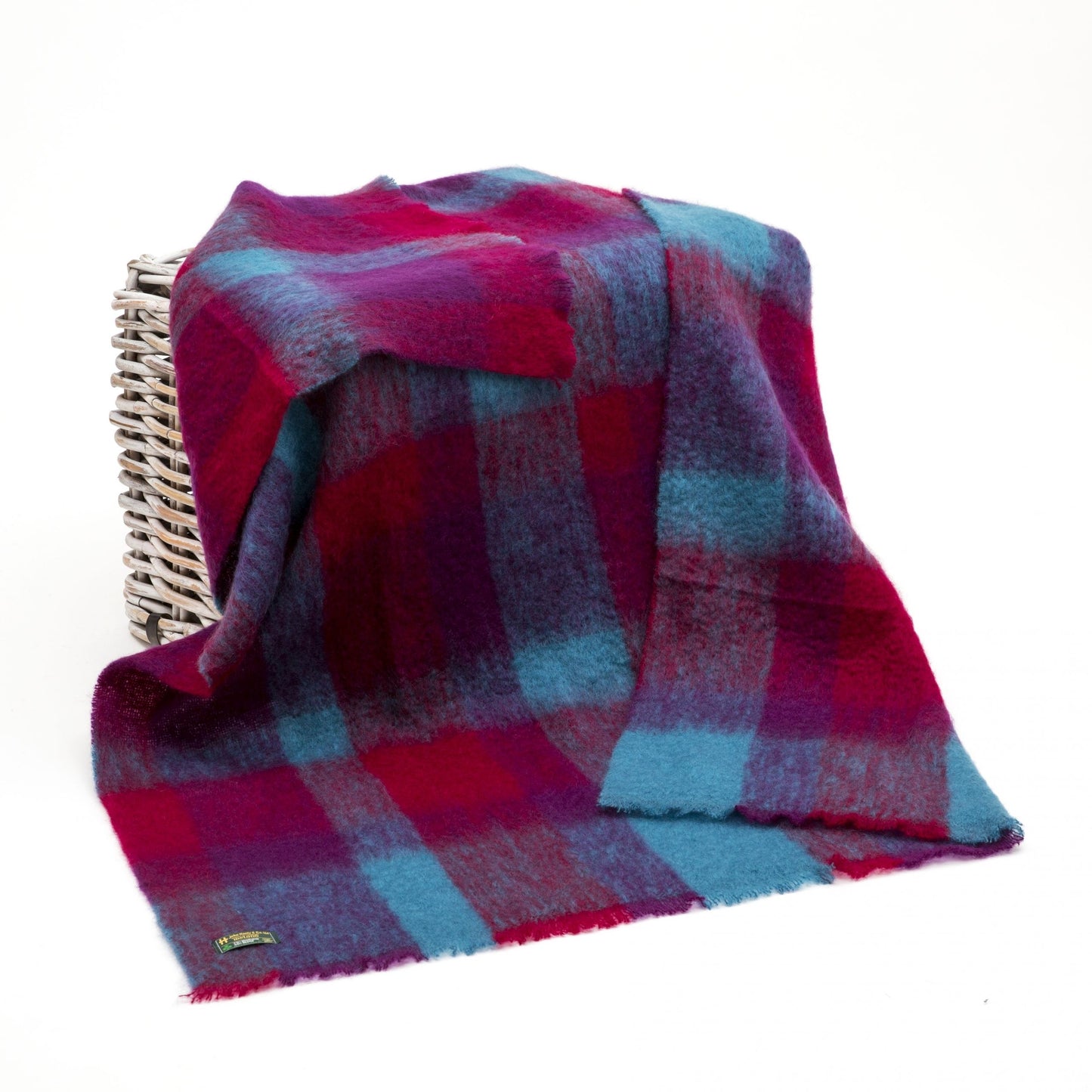 Mohair Throw Blanket Maroon Aqua Blue Block