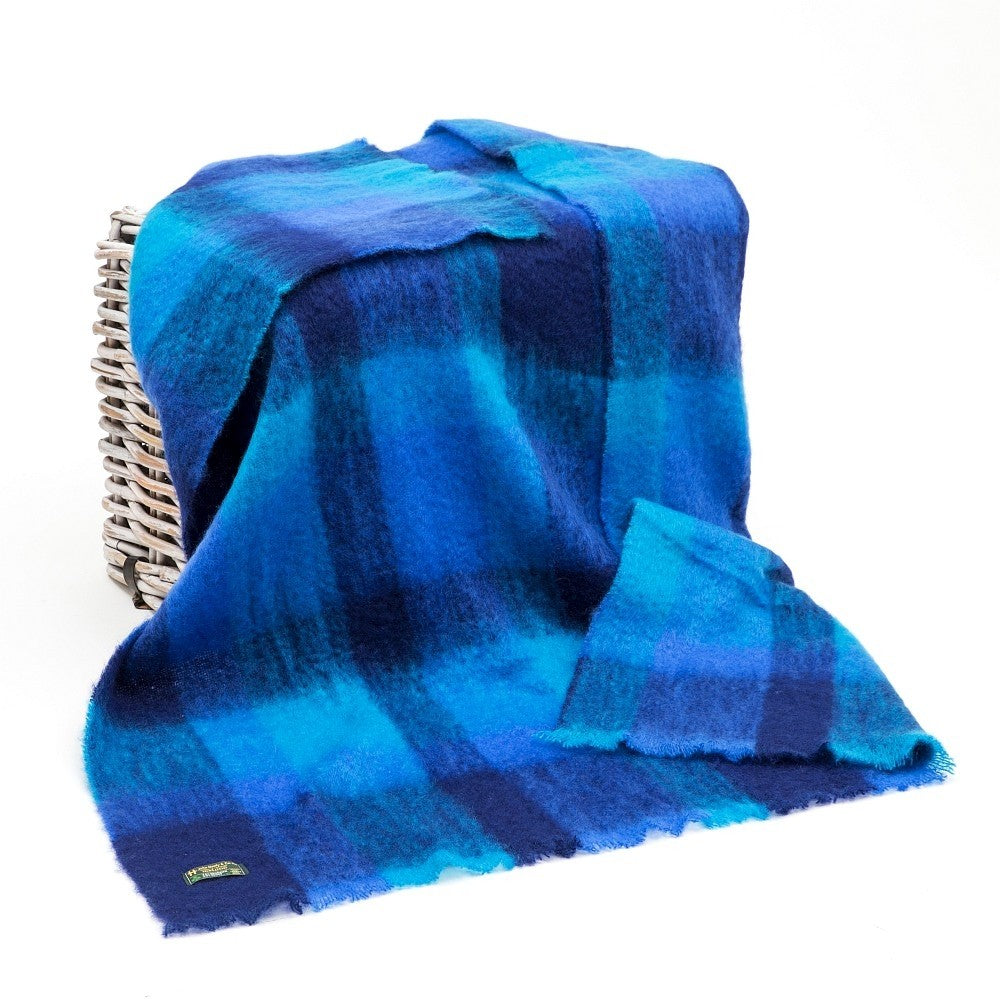 Mohair Throw Blanket Navy Blue Aqua Block