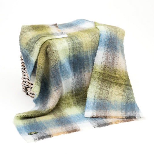 Mohair Throw Blanket Cream, Pale Blue, Pale Green & Grey Mix Block Check