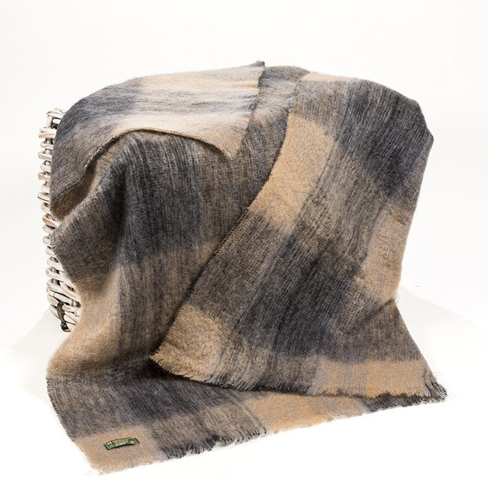 Mohair Throw Blanket Black Camel Grey Plaid