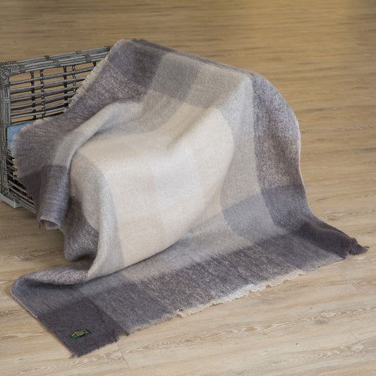 Mohair Throw Blanket Beige Grey Large Block