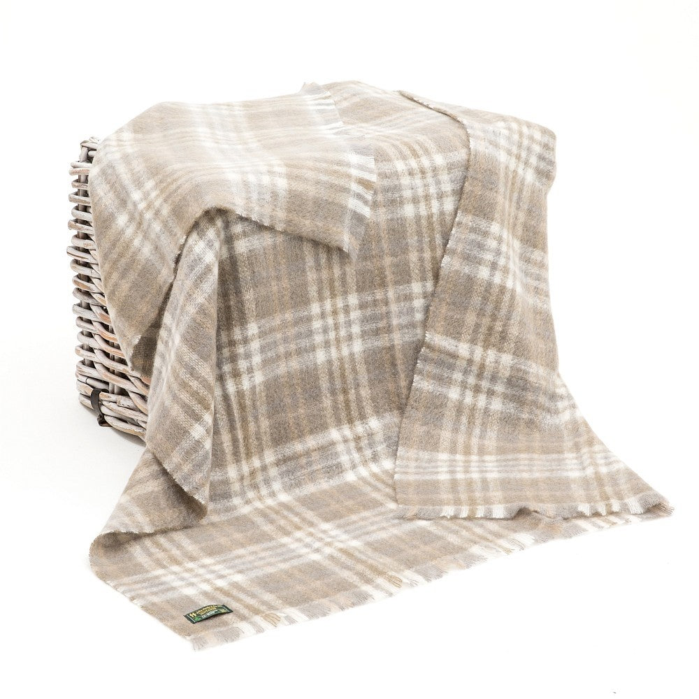 Mohair Throw Blanket White Taupe Plaid