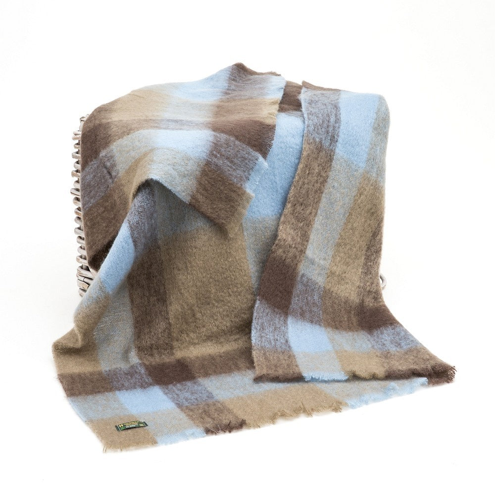 Mohair Throw Blanket Taupe Sky Blue and Brown Check