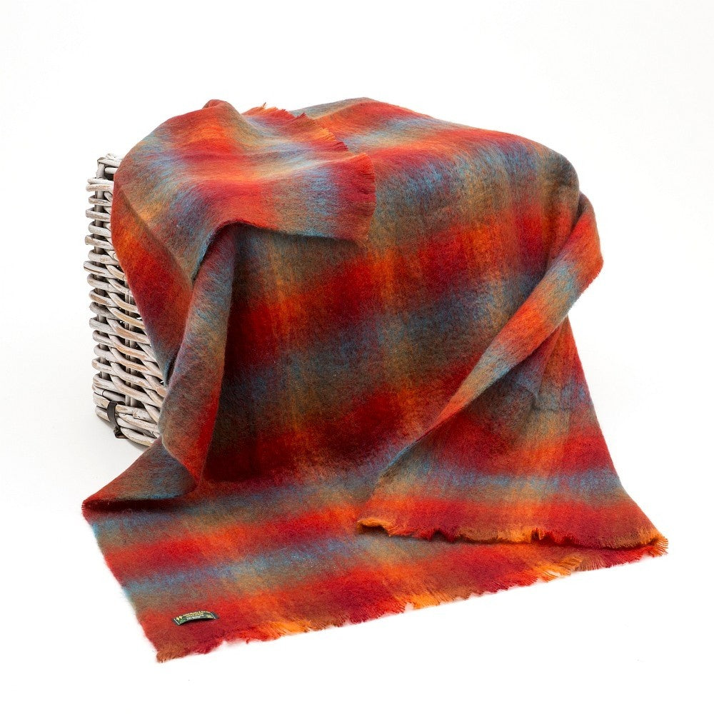 Mohair Throw Blanket Bright Orange Red and Blue Check Mix