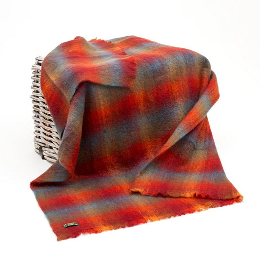 Mohair Throw Blanket Bright Orange Red and Blue Check Mix