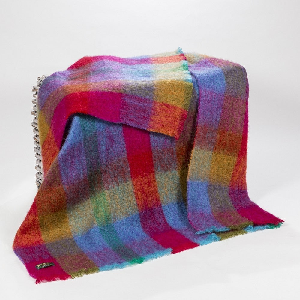 Mohair Throw Blanket Bright Pink Mustard Purple & Aqua Block Check