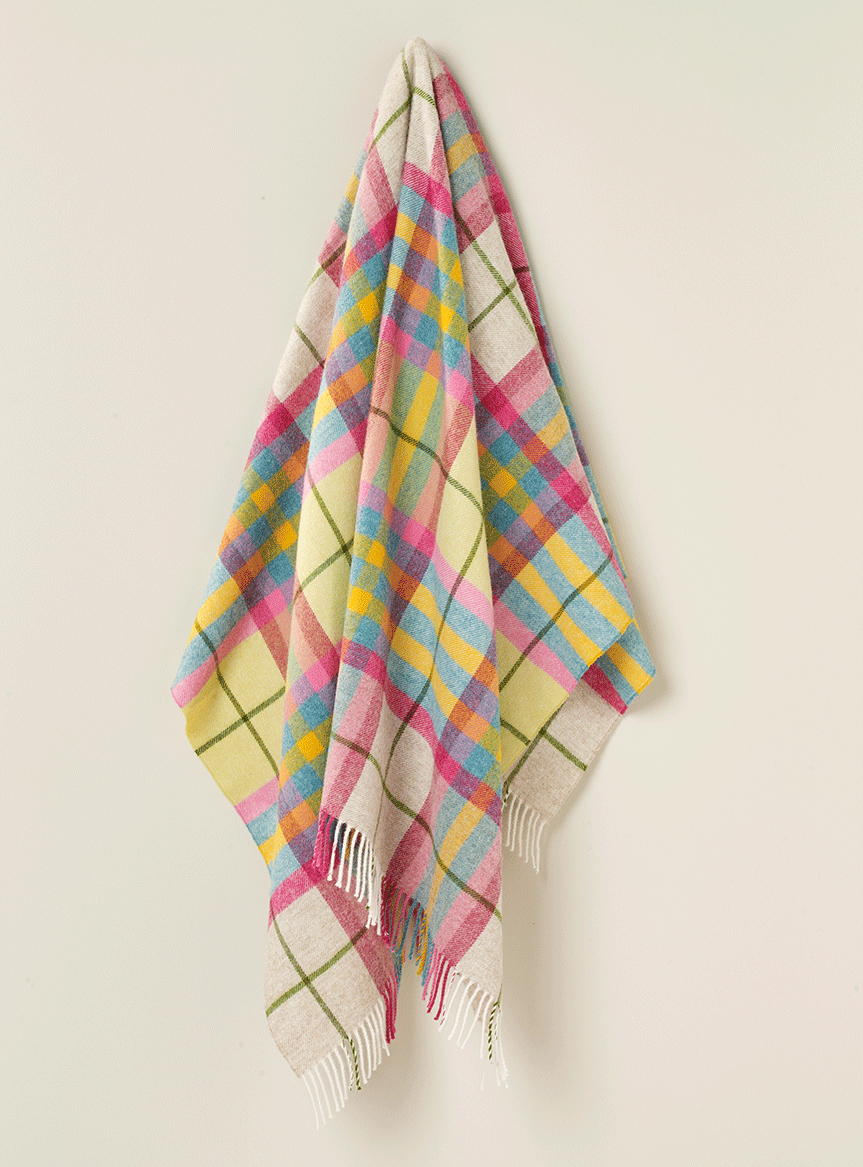 Falmouth Check Pure New Wool Throw Ivory & Pink